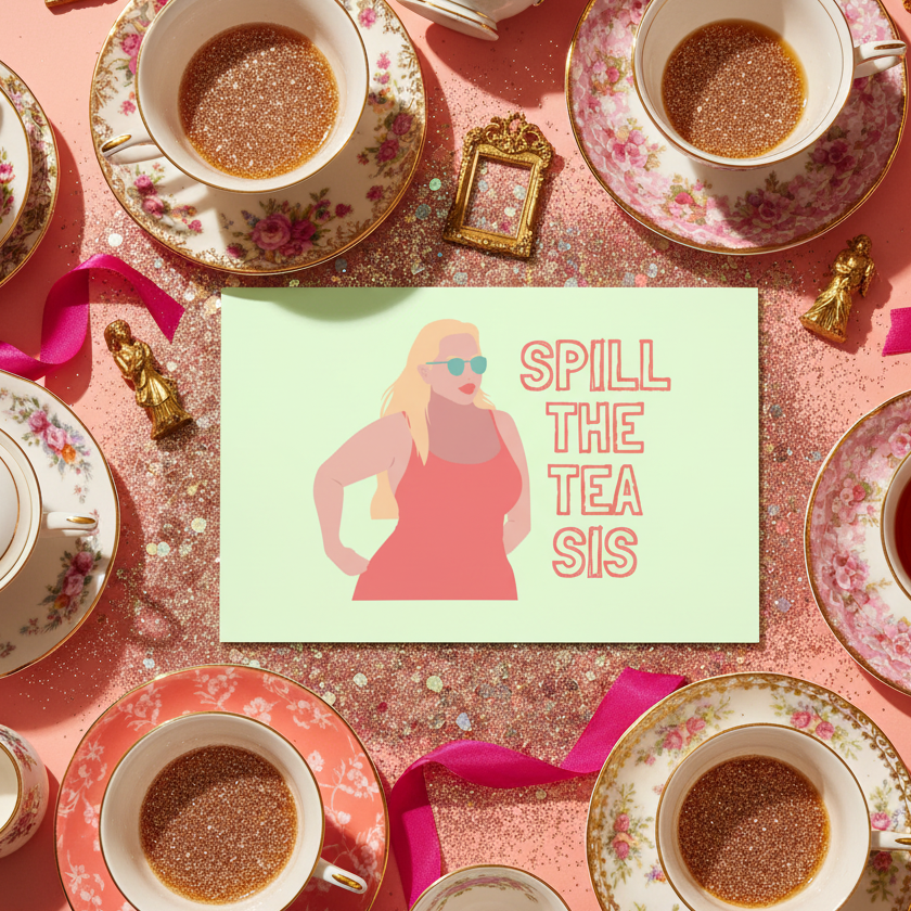Spill The Tea Sis Postcard shows a blonde woman in sunglasses and red dress on pink glitter, with teacups, gold figurines, ribbons.