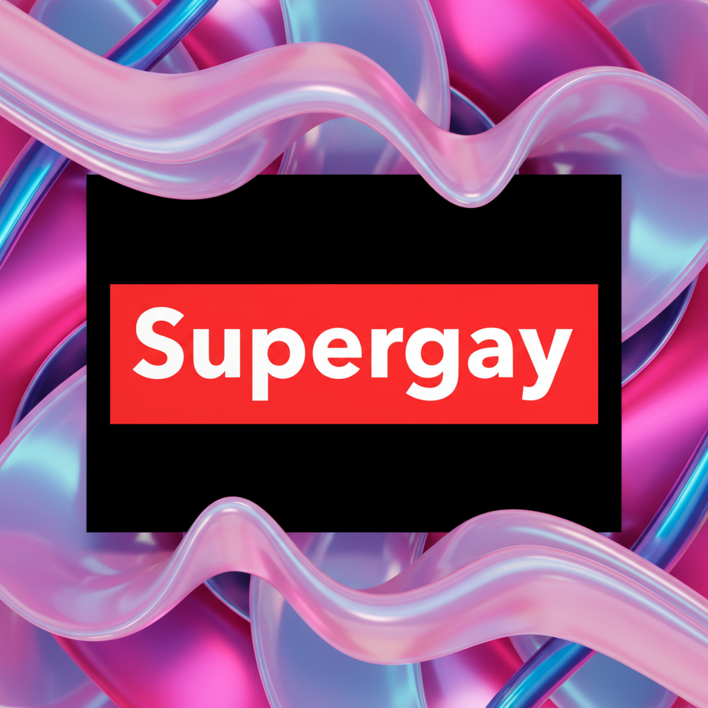 Postcard with “Supergay” in white on a black rectangle, inside a red box over glossy pink, blue, and purple abstract waves.