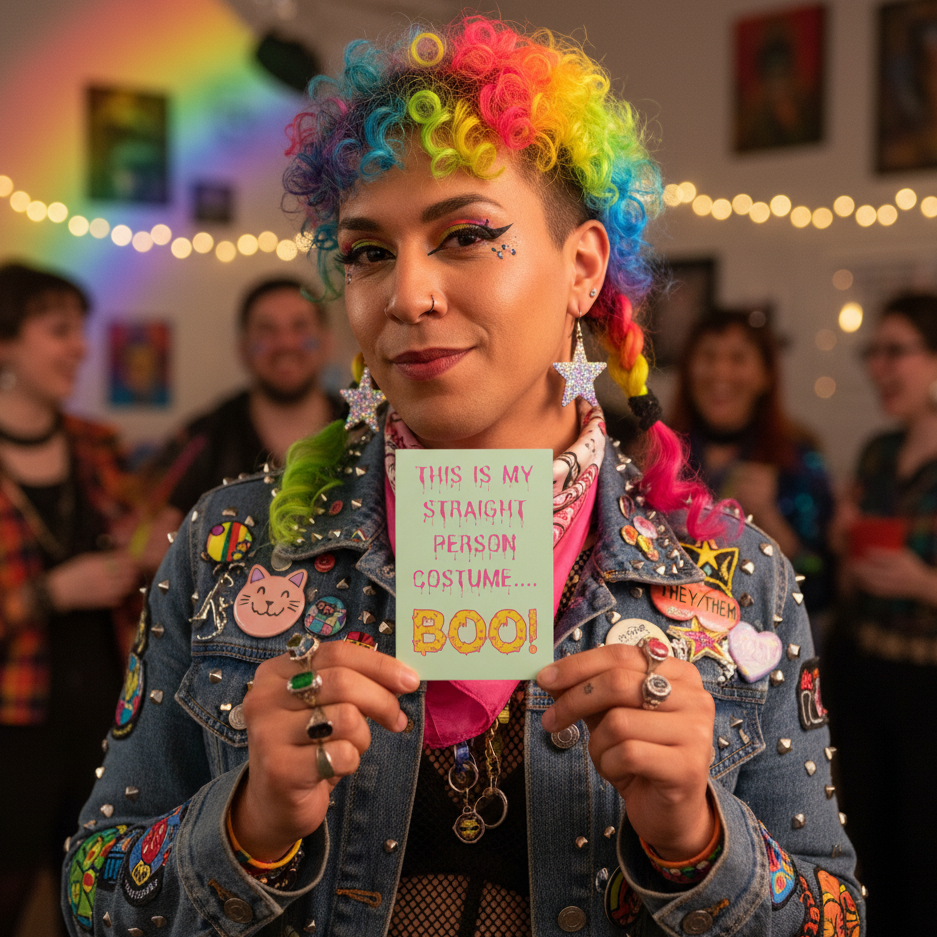 Person with rainbow curls holds a postcard reading “This Is My Straight Person Costume... Boo!”