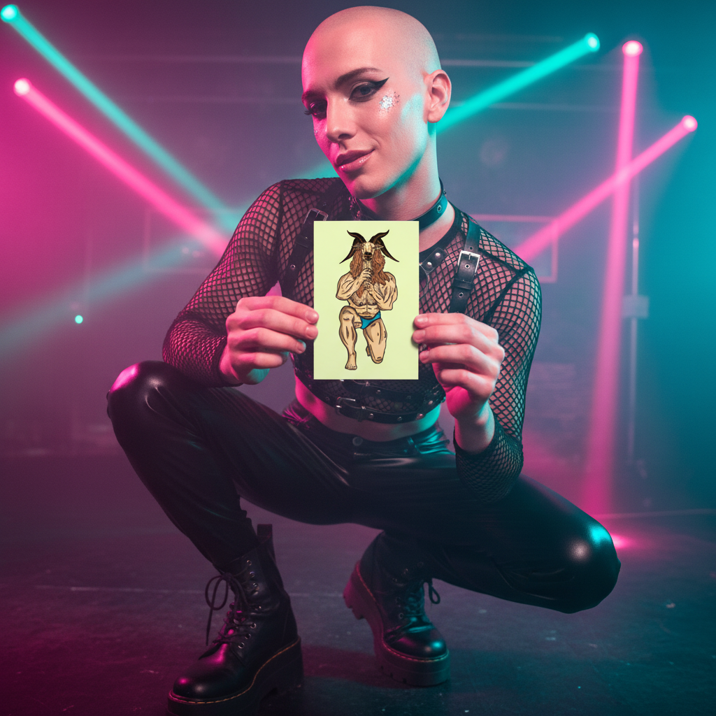 Throat Goat Postcard held by a bald, sparkly-makeup person in black mesh under pink and blue lights, channeling queer art vibes.