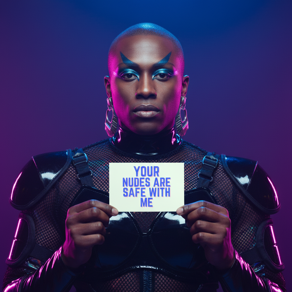 Portrait of a person in black armor holding a card reading “YOUR NUDES ARE SAFE WITH ME”