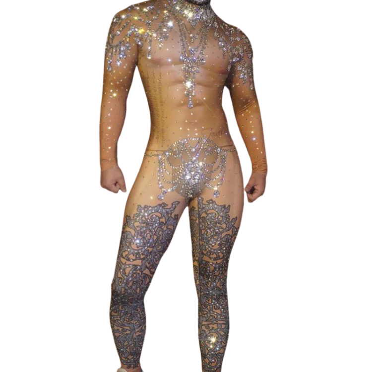 Front view of a sheer nude bodysuit with rhinestone draping and patterned legs