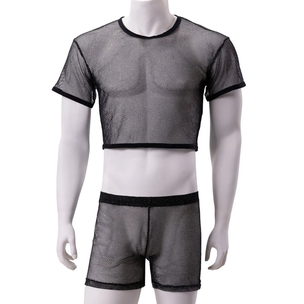 Front-view mannequin wearing a black mesh crop top and matching boxers