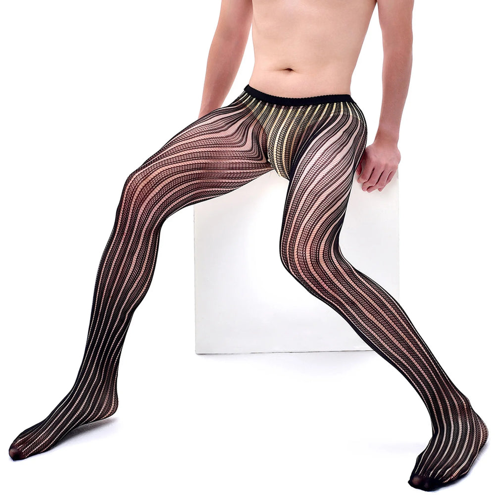 Front view of a model wearing sheer black fishnet body stockings with vertical stripes