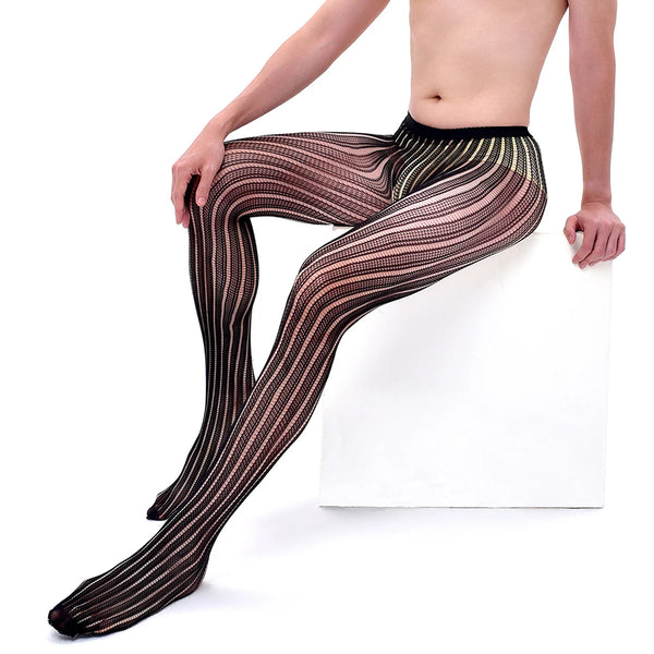 Seated model wearing sheer black fishnet body stockings with vertical wavy stripes