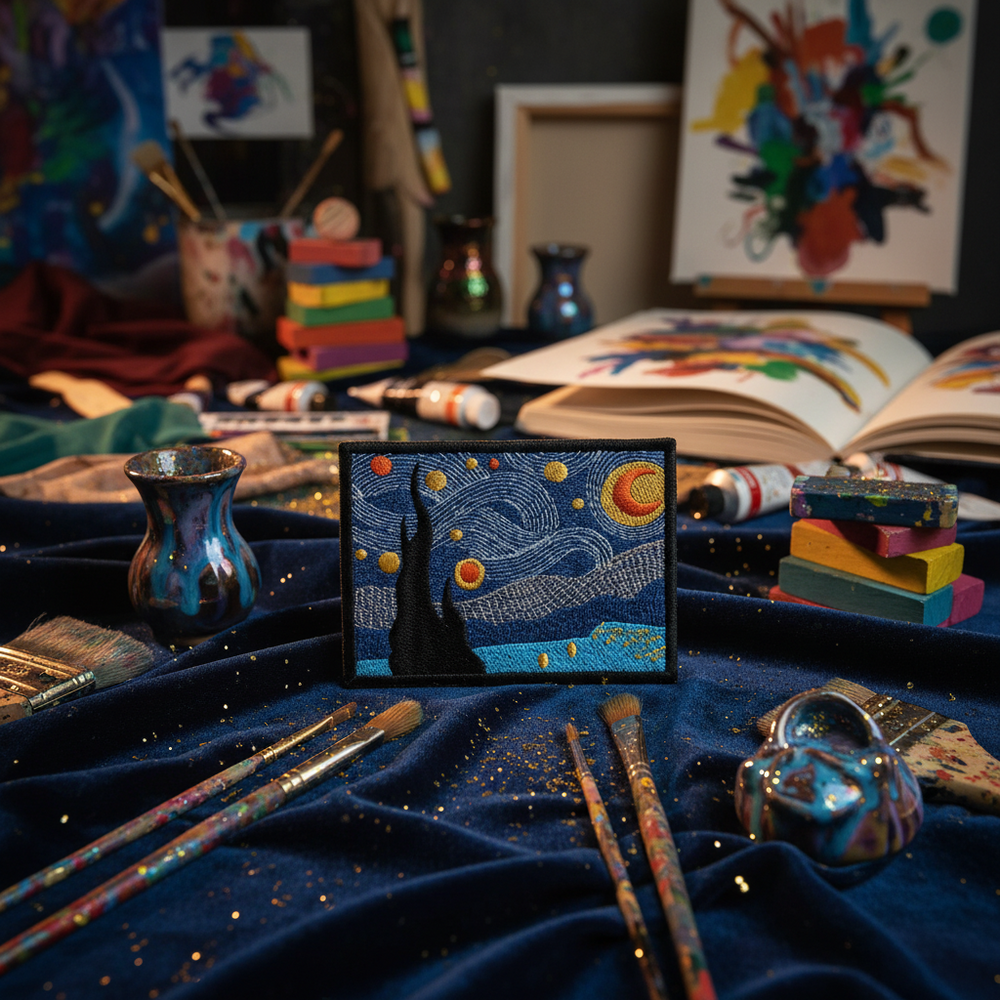 Embroidered Starry Night patch with swirling blue sky, crescent moon, stars, and dark cypress