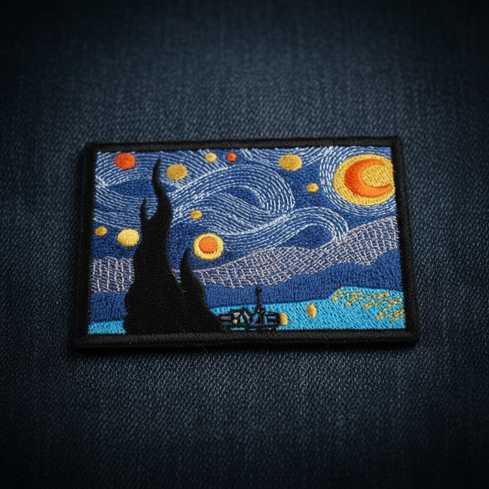 Rectangular iron-on patch featuring Van Goghs swirling blue skies, yellow stars, moon, cypress trees