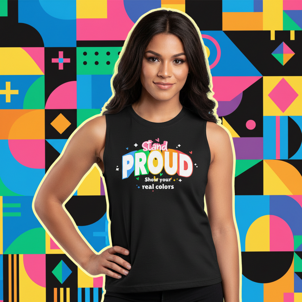 Black Stay Proud Muscle Top with “Stand PROUD Show your real colors” in rainbow text