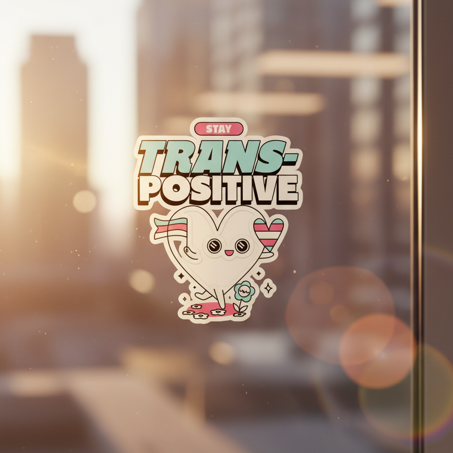 Bubble-free vinyl sticker reads “Stay Trans-Positive” above a smiling heart in trans flag colors, glowing on glass