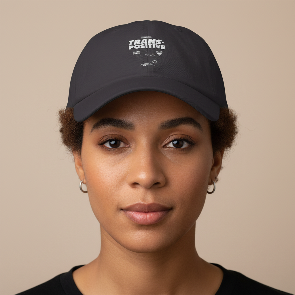 Stay Trans-Positive Cap—black with "TRANS-POSITIVE" in crisp white letters and queer symbols
