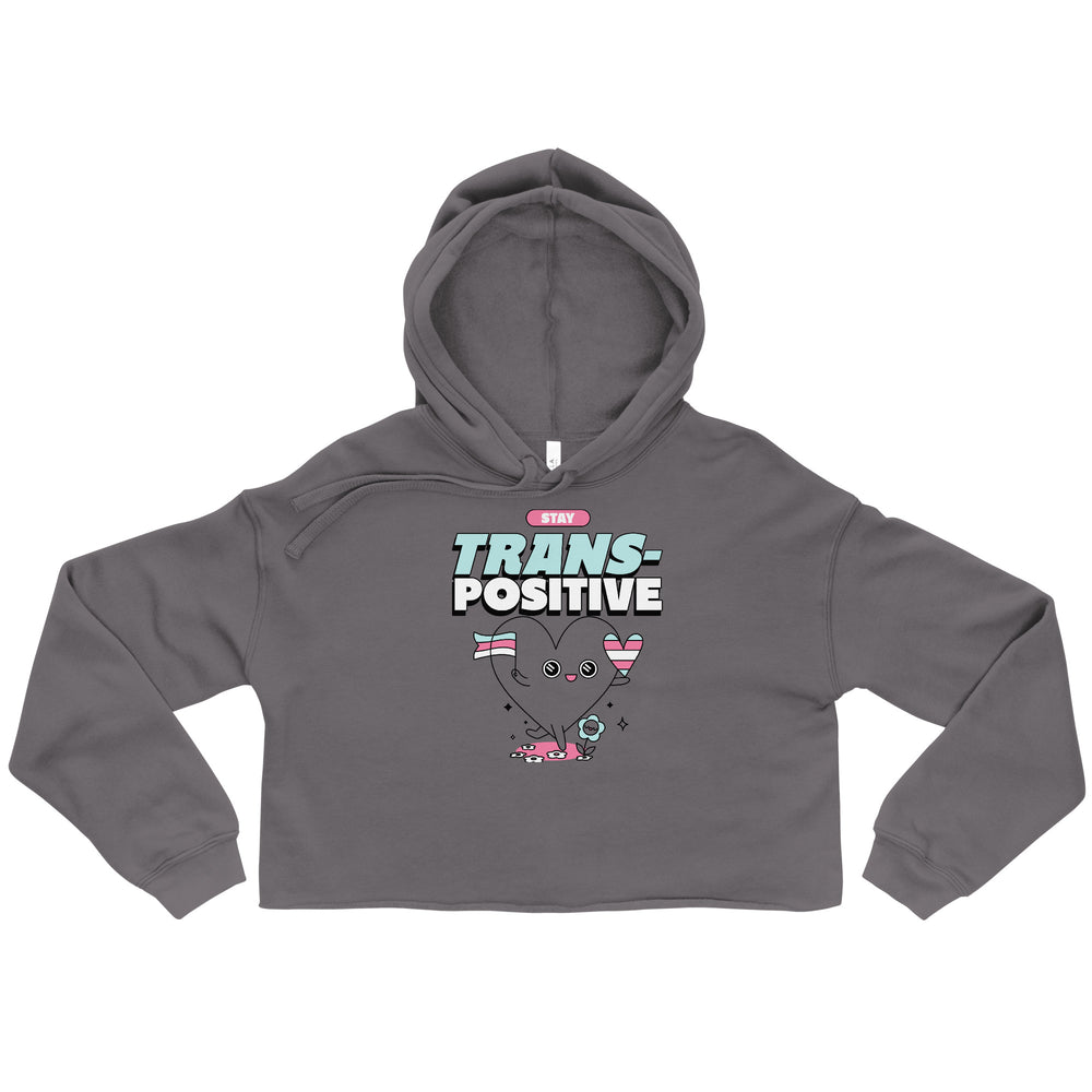 Front-view gray cropped hoodie reading “STAY TRANS-POSITIVE,” with a heart character