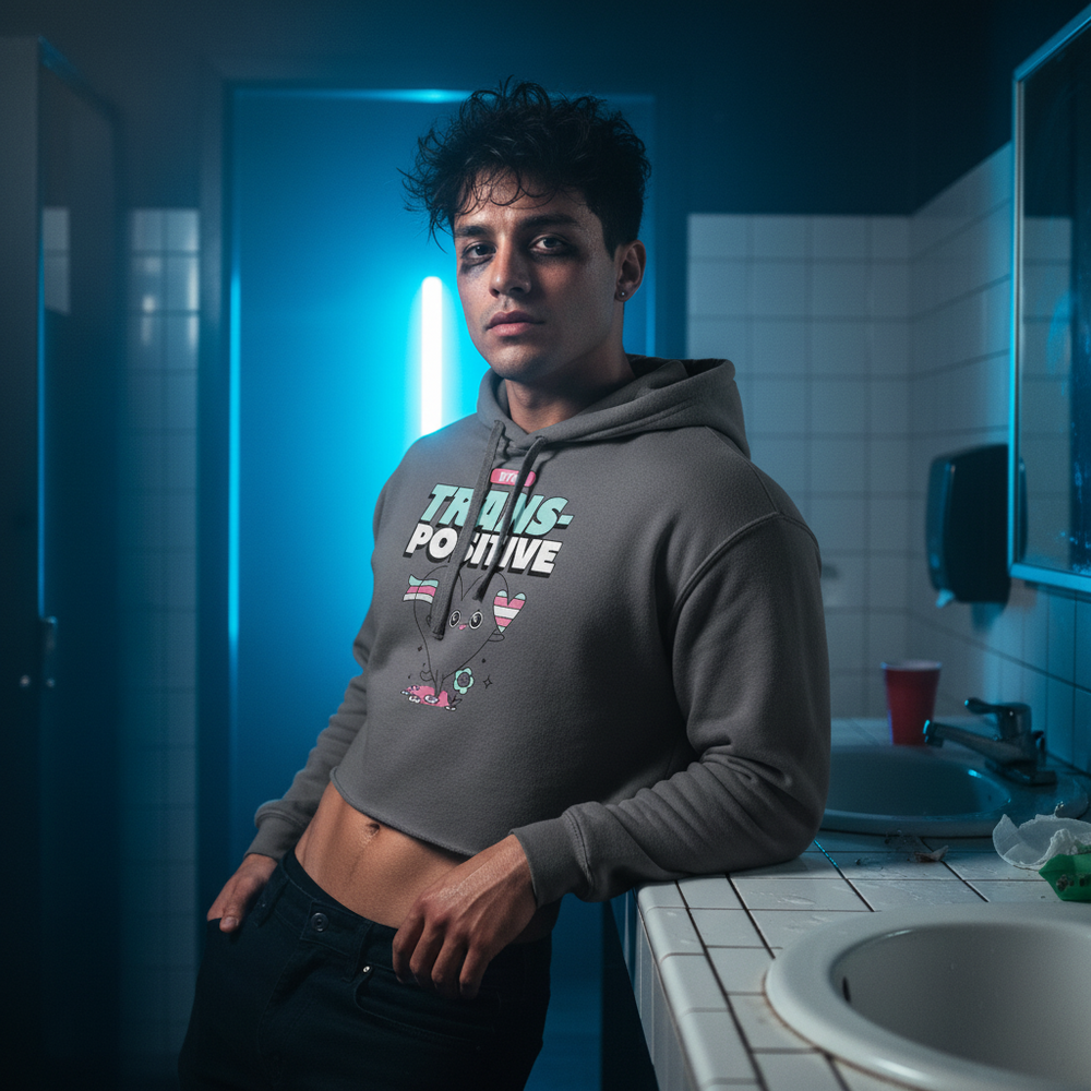 Stay Trans-Positive Crop Hoodie with vibrant pride graphics and "TRANS: POSITIVE" text, worn by a person at a blue-lit sink.