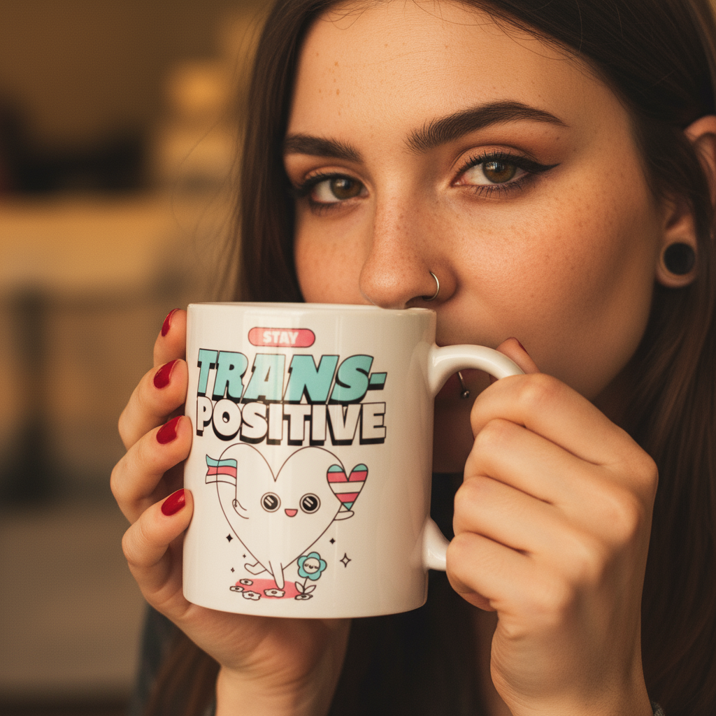 Person holds a white mug reading “STAY TRANS-POSITIVE” with a heart character