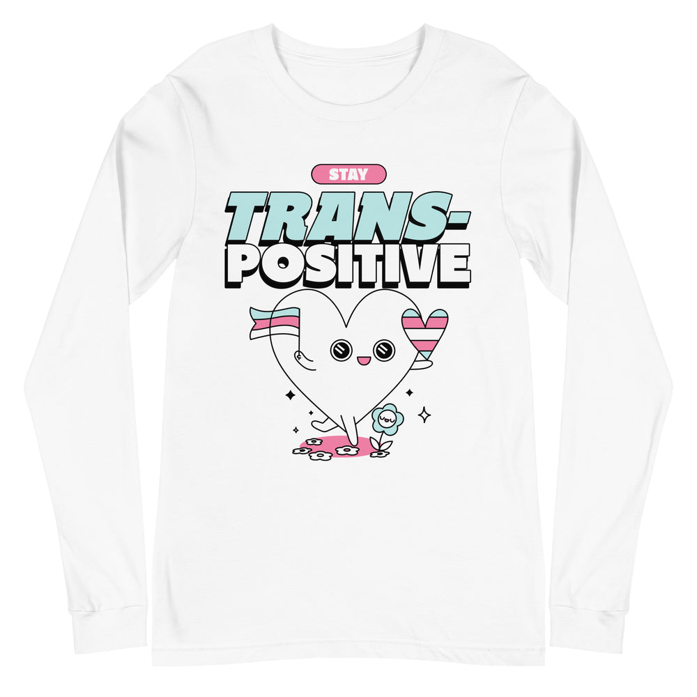 Unisex long sleeve tee with a cute heart holding trans pride flags, surrounded by flowers and sparkles; trans-affirming vibe.