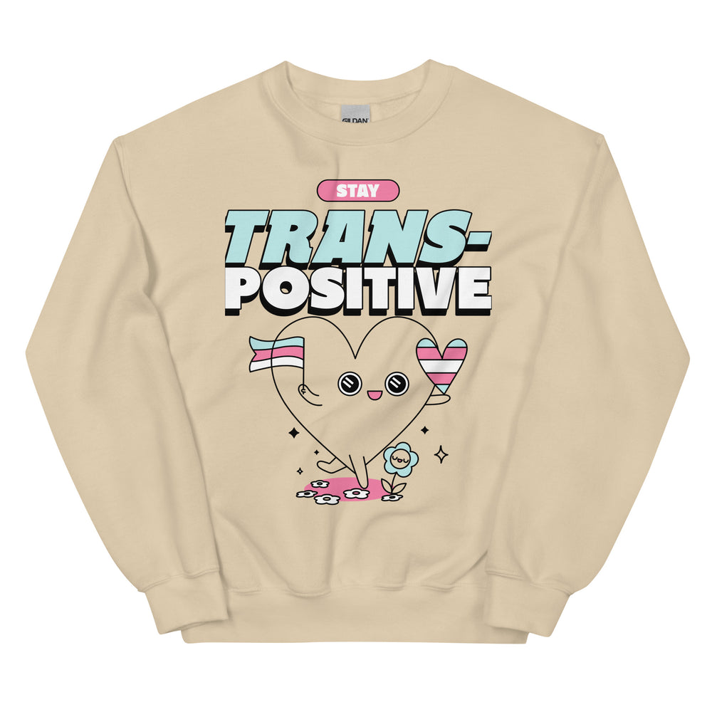 Unisex sweatshirt featuring a heart character with trans pride flags, flowers, sparkles, hearts