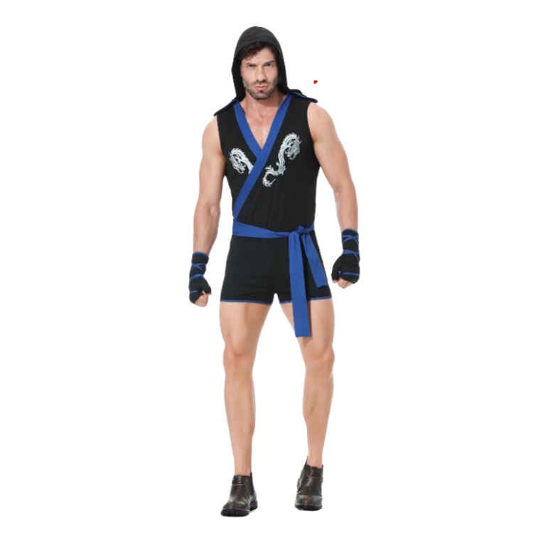 Front-facing model wearing a black-and-blue hooded ninja costume with dragon emblems
