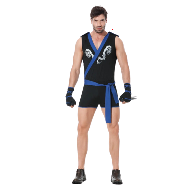 Front-facing model wearing a black-and-blue ninja romper costume with dragon designs