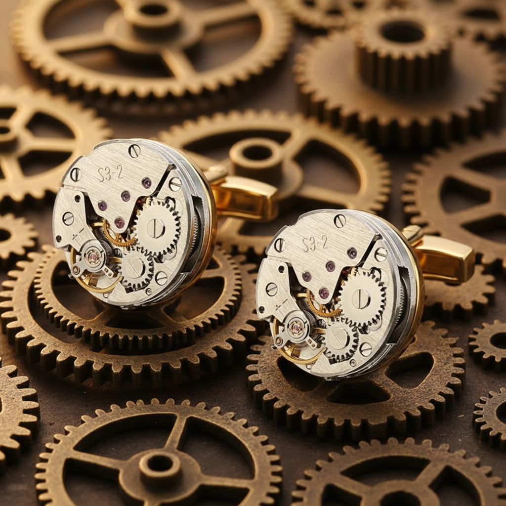 Pair of exposed watch-movement cufflinks resting on interlocking brass gears