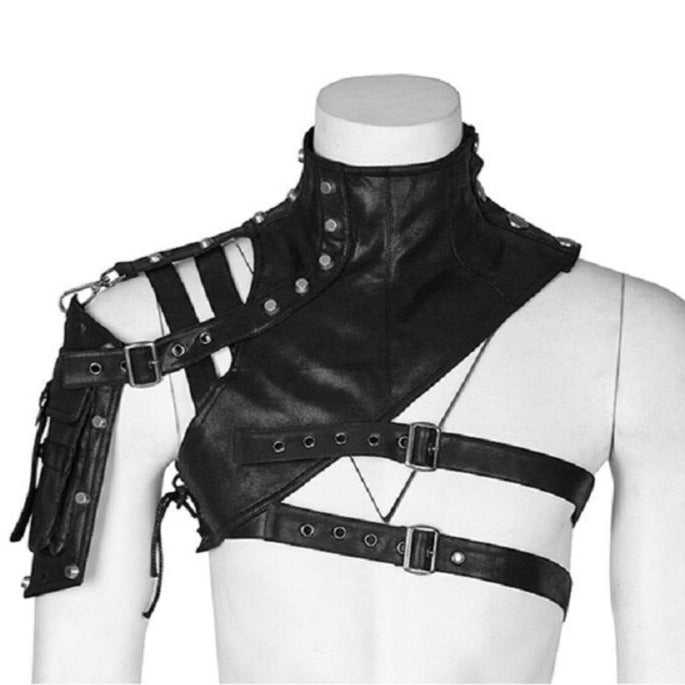Front view of a black faux-leather shoulder harness with high collar, straps, buckles, and arm panel