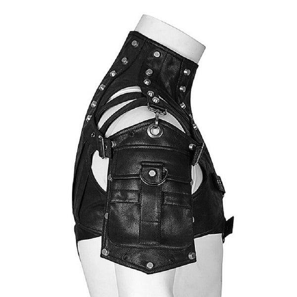 Black leather shoulder harness with rivets and a front utility pouch on a white mannequin