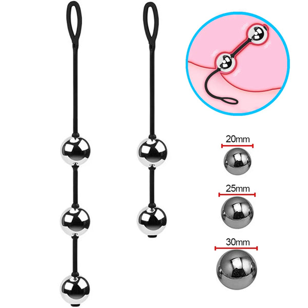 Two black-and-silver anal training chains with loop handles and three graduated metal balls