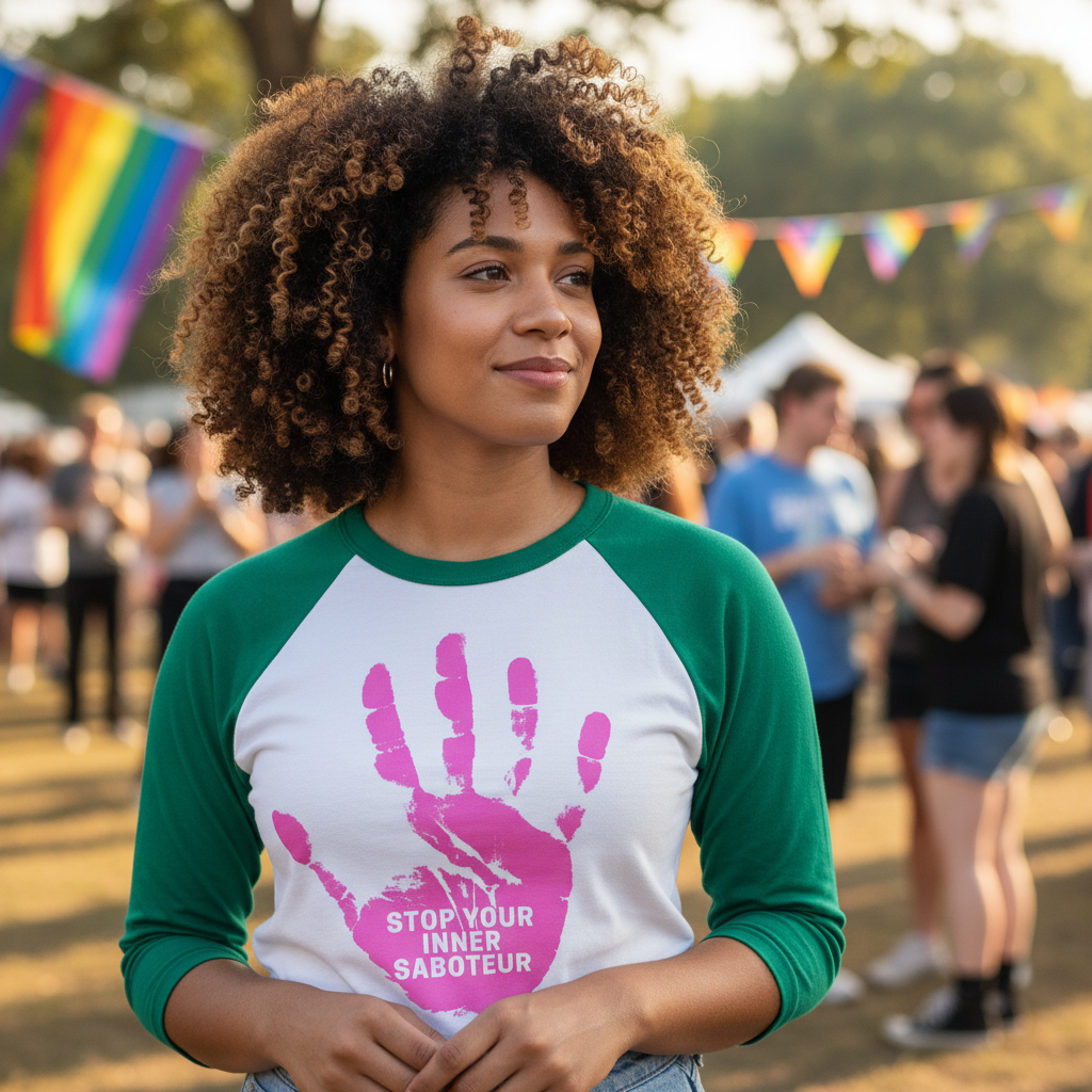 Person wearing a green-sleeved raglan shirt with a pink handprint and “STOP YOUR INNER SABOTEUR”