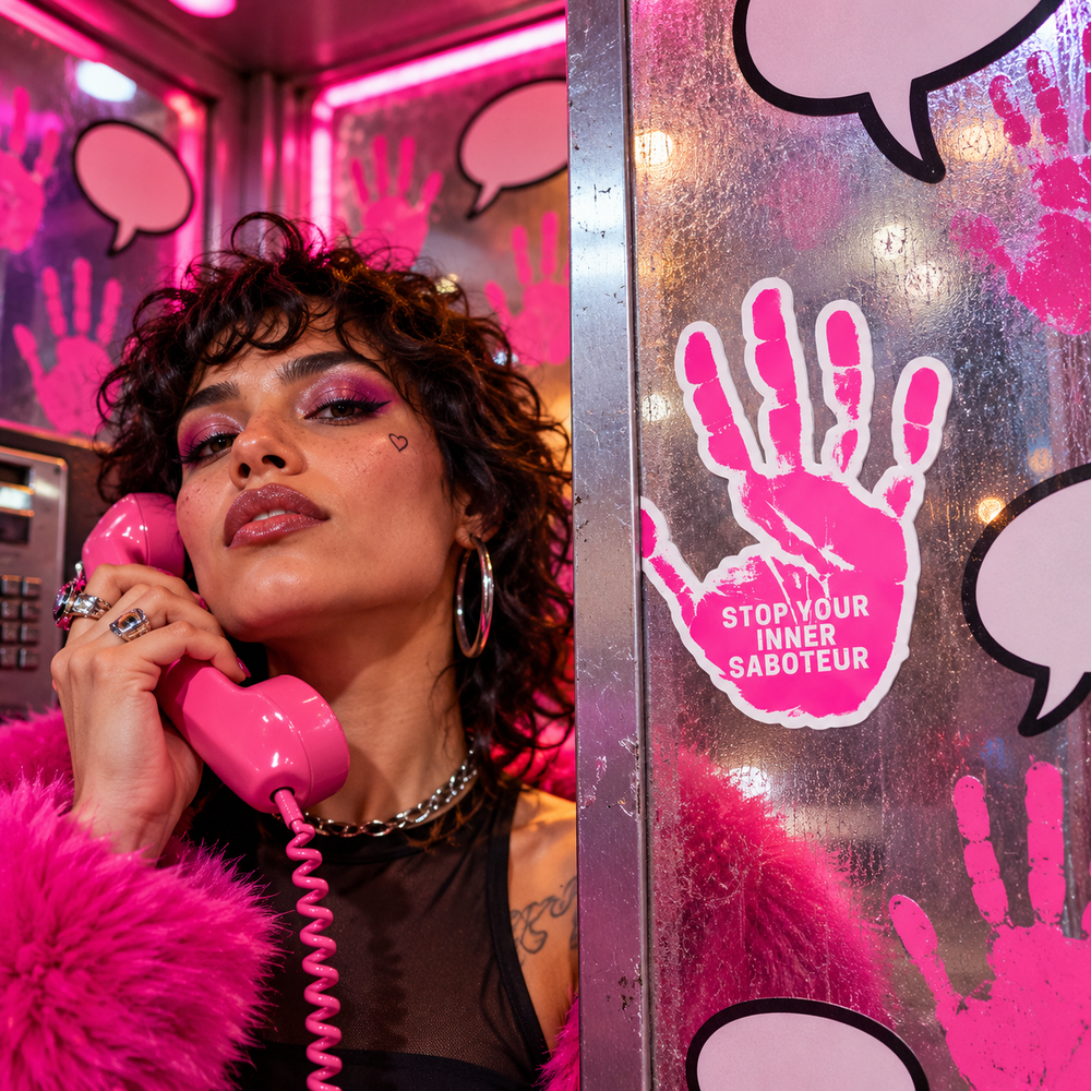 Stop Your Inner Saboteur pink handprint sticker in a surreal neon queer hotline booth
