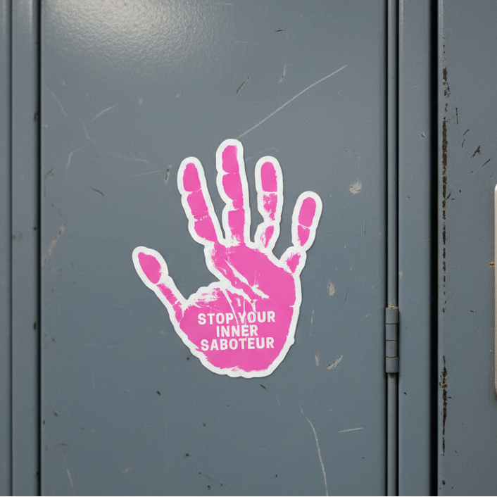 Stop Your Inner Saboteur Bubble-Free Sticker: big pink handprint with “STOP YOUR INNER SABOTEUR” in white on gray metal