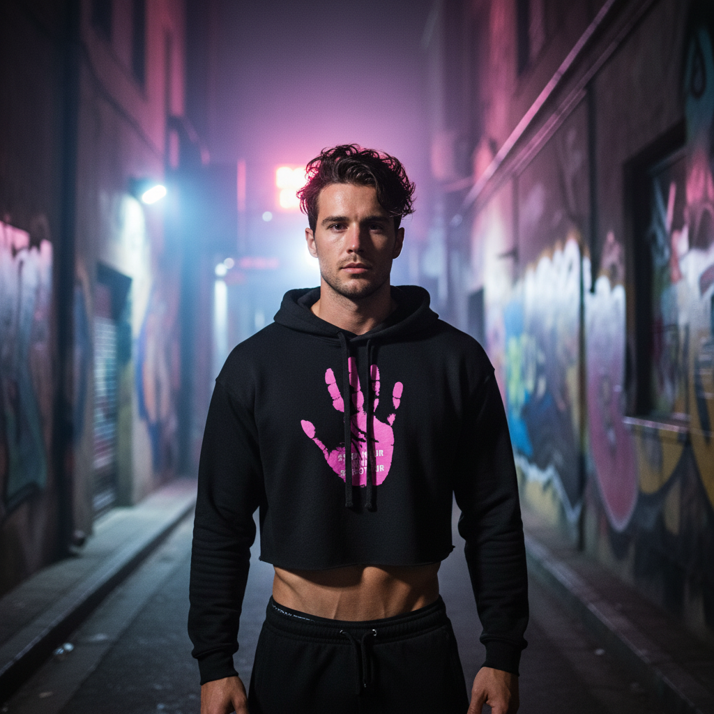 Stop Your Inner Saboteur black crop hoodie with bold pink handprint, worn by a person in a neon-lit alley