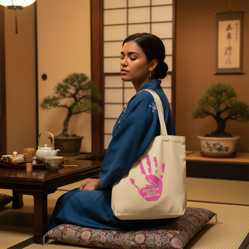Stop Your Inner Saboteur Eco Tote Bag with pink handprint, held by person in blue kimono, tea set and bonsai