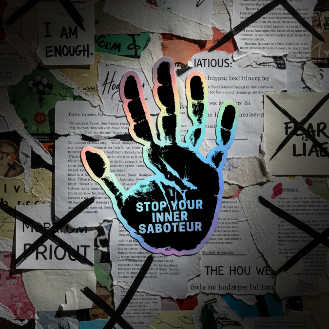 Holographic sticker shows a black handprint with rainbow edges and “STOP YOUR INNER SABOTEUR” over torn, motivating papers.