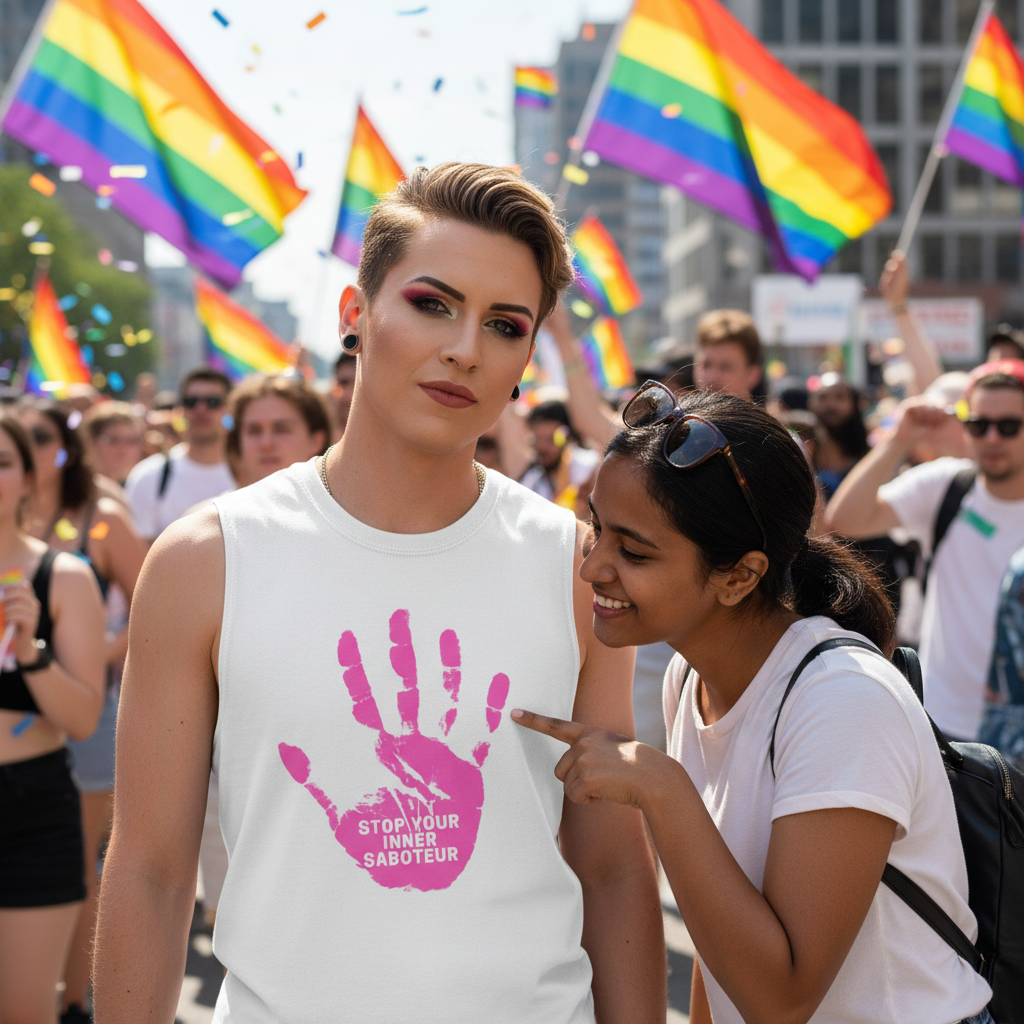 Stop Your Inner Saboteur muscle top—sleeveless, pink handprint graphic—worn at a sunny parade with rainbow flags