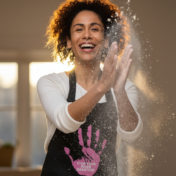 Smiling person claps flour from their hands while wearing a black apron with a pink handprint slogan.