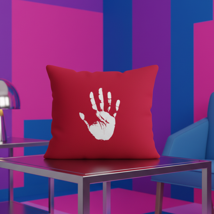 Stop Your Inner Saboteur pillow with red cover and white handprint sits on metal table; blue chairs