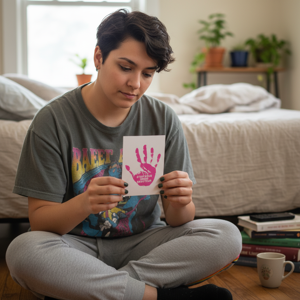 Stop Your Inner Saboteur postcard with a pink handprint, held by a short-haired person in a graphic tee and gray sweats