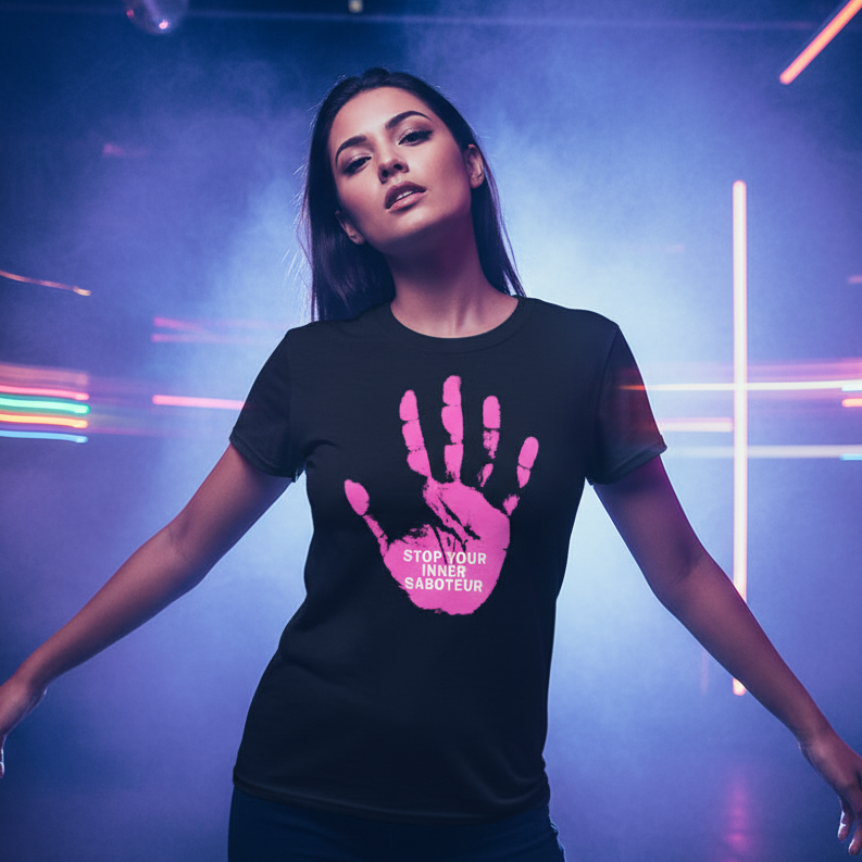 Stop Your Inner Saboteur T-Shirt with big pink handprint and bold text