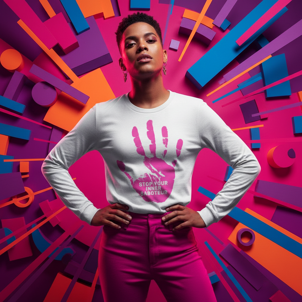 Unisex long sleeve tee with a bold magenta handprint and "STOP YOUR SILENCE" on a queer-punk pink, blue