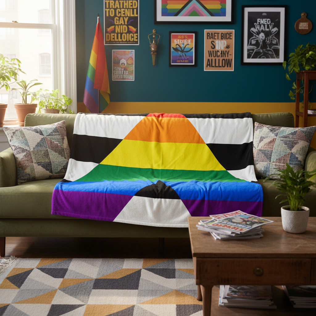 Straight Ally Flag throw blanket lies over an olive green sofa, surrounded by Pride posters, a rainbow flag, plants