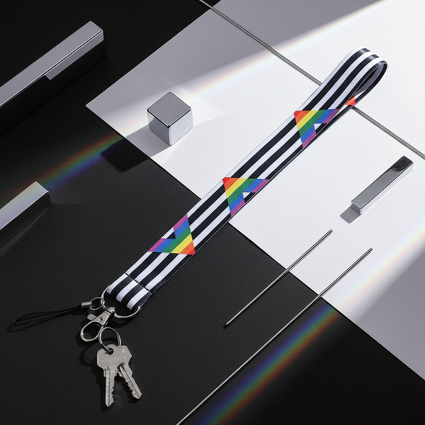 Close-up of a black-and-white striped straight ally lanyard with rainbow triangles and keys