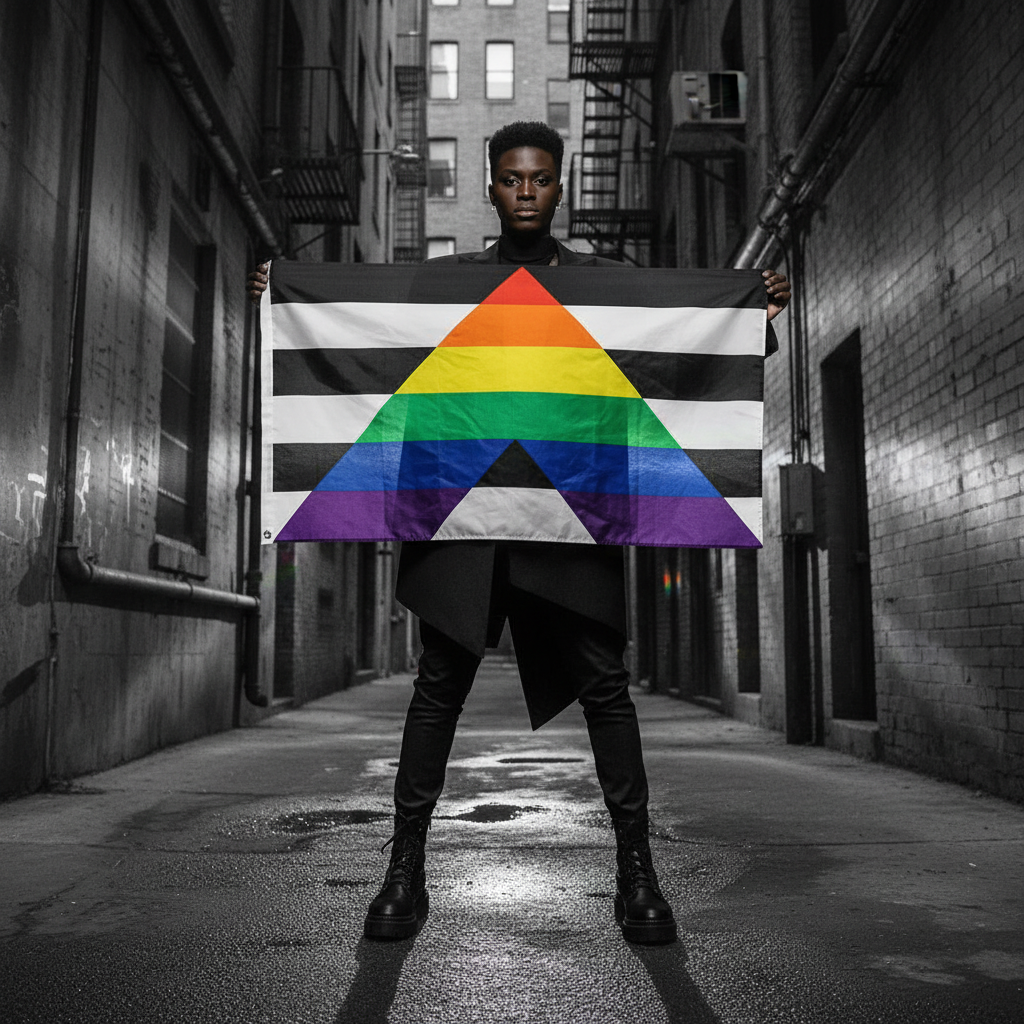 Person holding a straight ally Pride flag with black, white, gray, rainbow, and chevron stripes