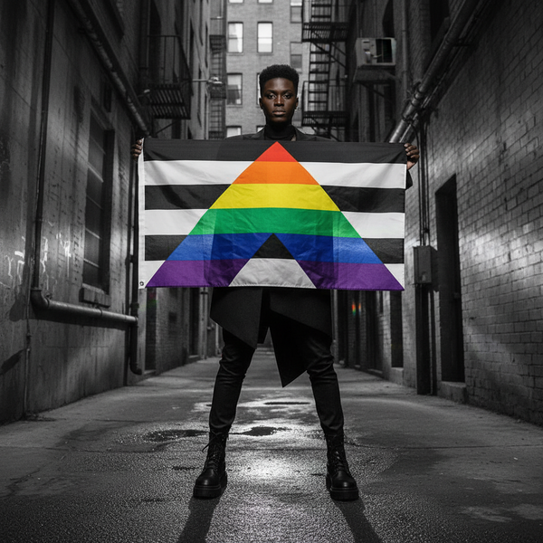 Person holding a straight ally Pride flag with black, white, gray, rainbow, and chevron stripes