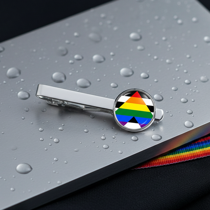 Straight Ally tie clip with a silver round face and striped ally flag, rainbow ribbon accent, on wet metal surface