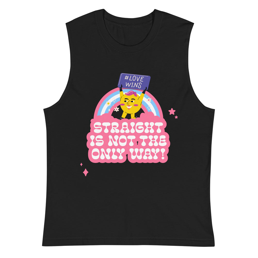Black sleeveless top with a rainbow graphic, cartoon character, and “Straight Is Not the Only Way!” text
