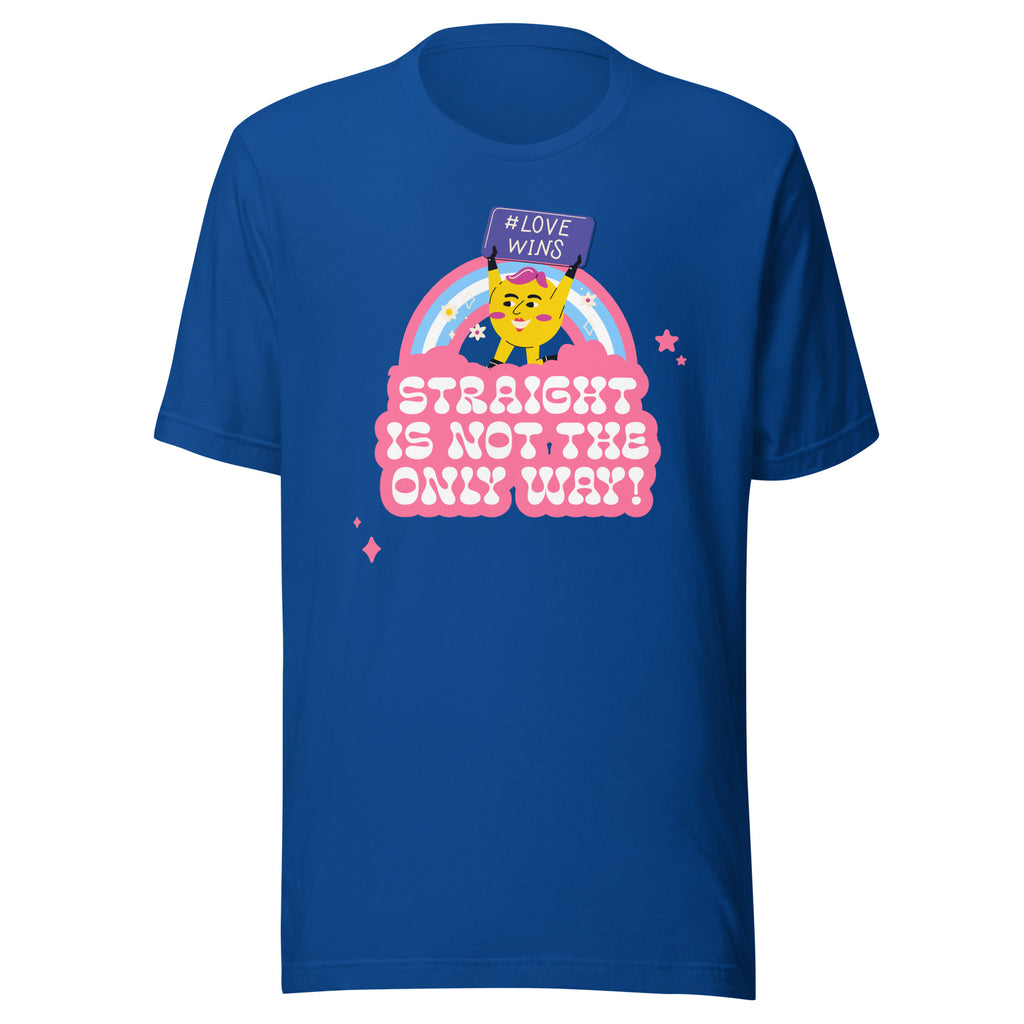 Front view of a blue T-shirt reading “STRAIGHT IS NOT THE ONLY WAY!” with a rainbow character