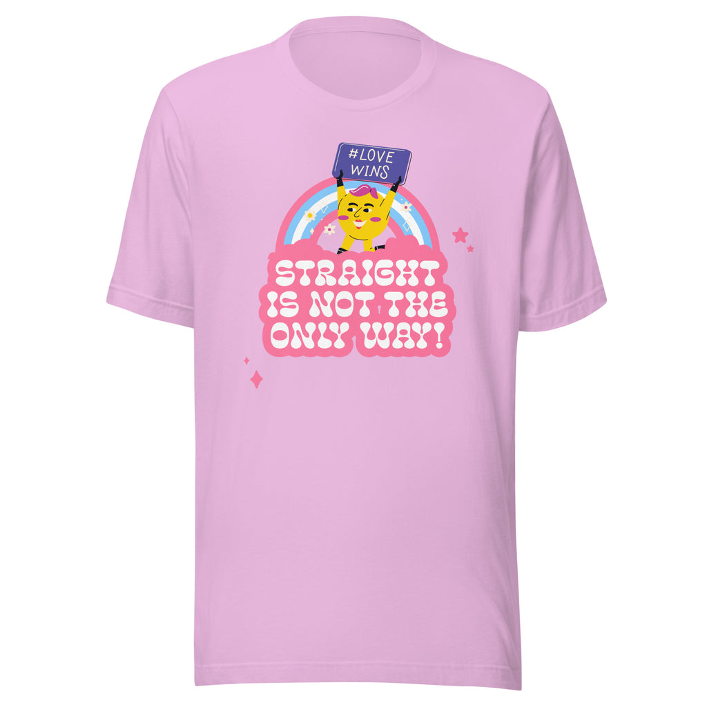 Light pink "Straight Is Not The Only Way!" tee with a cartoon yellow cat, #LOVE WINS sign, pastel rainbow