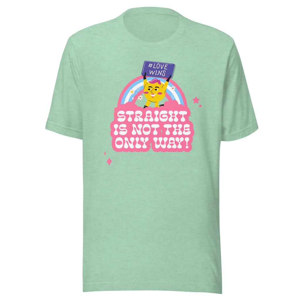 Bright green LGBT pride T-shirt with pink text, a yellow cartoon cat holding a purple “#LOVE WINS” sign on a rainbow