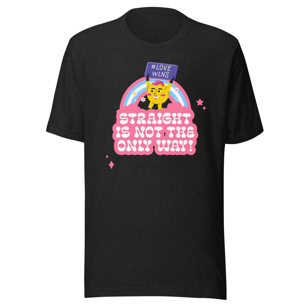 The Straight Is Not The Only Way! t-shirt with a yellow cat holding a #LOVE WINS sign over a rainbow