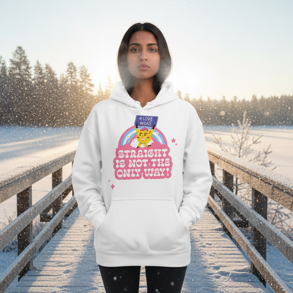 Person modeling a white hoodie with a rainbow cat graphic and “STRAIGHT IS NOT THE ONLY WAY!” text