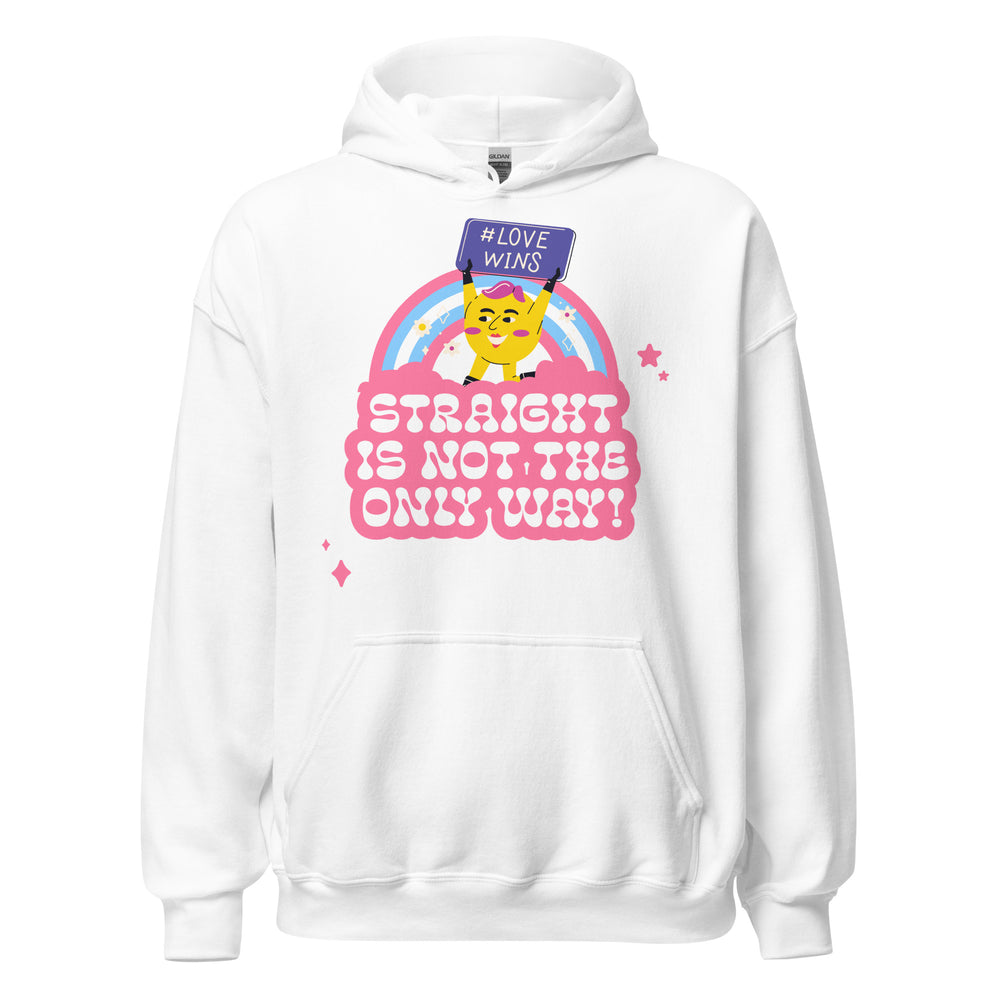 Unisex hoodie with a smiling cartoon cat holding a "#LOVE WINS" sign on a rainbow