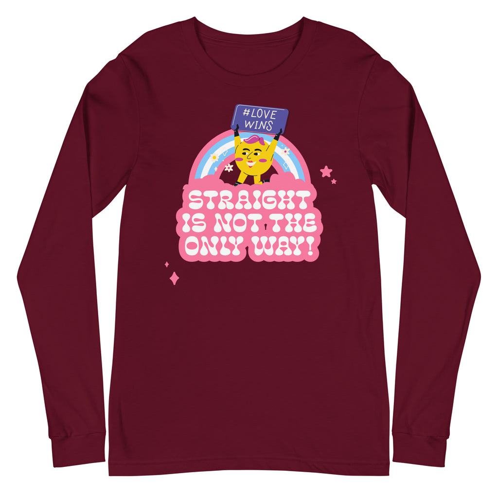 Unisex long sleeve tee with cartoon cat holding a #LOVEWINS sign over a rainbow, pink “Straight Is Not The Only Way!” text